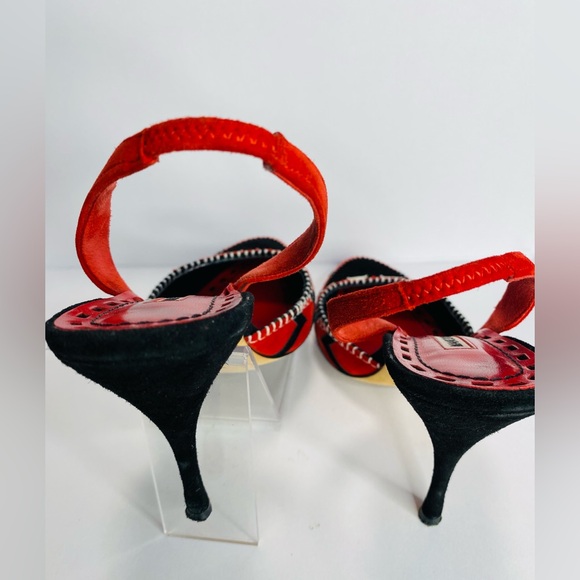 Manolo Blahnik Red and Black Patterned Suede snd Leather Heels Authentic - Picture 7 of 13